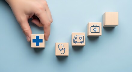 Hand placing wooden block with plus sign, healthcare and medical concept