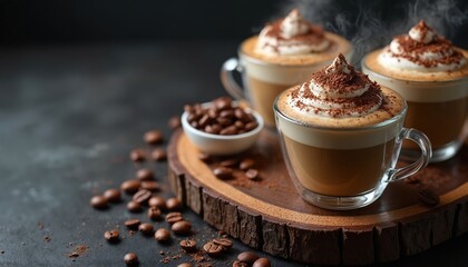 Three clear cups hold hot coffee drinks with whipped cream topping and cocoa powder dusting. Coffee beans scatter around a wooden board. Steam rises from warm beverages.