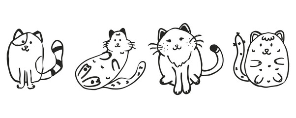 Set of kittens drawn in a doodle style, with simple lines and cute expressions.