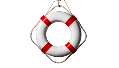 White life preserver ring with red stripes hanging by rope, isolated on a white or transpare.png
