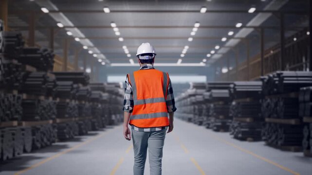 Back of Asian Male Engineer Walking at Warehouse Storage of Rolled Steel Metal Bars, Rods or Billets