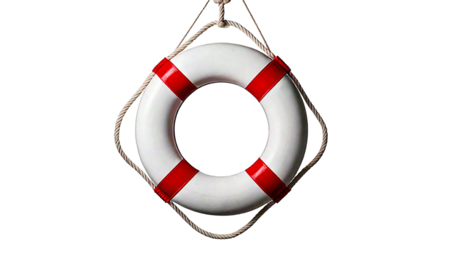 White life preserver ring with red stripes hanging by rope, isolated on a white or transpare.png