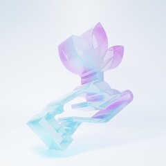 Frosted glass Plant in hand of environmental protection icon isolated on white background. Seed and seedling. Planting sapling. Ecology concept. Minimalism concept. 3D render illustration