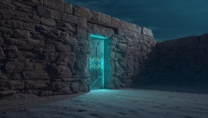 Futuristic Neon Doorway Surrounded by Ancient Stone Walls at Night