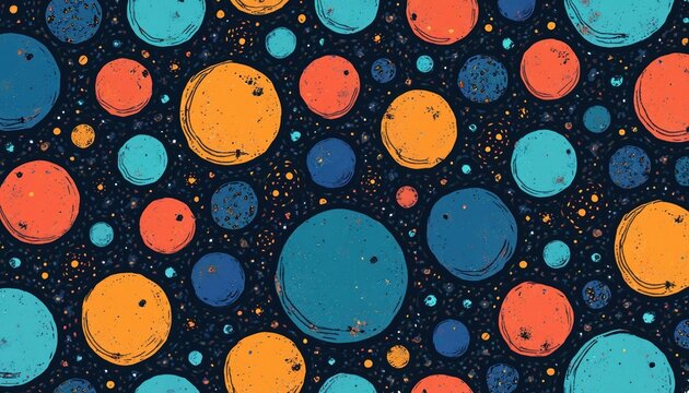 Seamless abstract pattern with colorful circles in hand-drawn doodle style. Chaotic background with blue orange, cyan round shapes. Artistic cosmic illustration of planets in space microscopic view