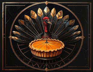 Stylized Thanksgiving Turkey with Golden Feathers and Classic Pumpkin Pie in Art Deco Design