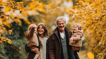 Happy family enjoying time together outdoors during autumn. Parents with children walking through a park surrounded by golden leaves. Concept of love