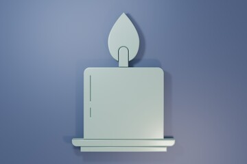 Grey Burning candle in candlestick icon isolated on purple-blue background. Cylindrical candle stick with burning flame. Minimalism concept. 3D render illustration