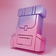 Purple-pink Hiking backpack icon isolated on pink background. Camping and mountain exploring backpack. Minimalism concept. 3D render illustration