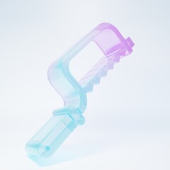 Frosted glass Hacksaw icon isolated on white background. Metal saw for wood and metal. Minimalism concept. 3D render illustration
