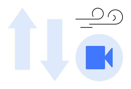 Up and down arrows, wind curves, video camera icon in minimalist style. Ideal for direction, movement, weather, video recording, streaming navigation or digital connectivity concepts. Simple flat