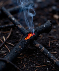 Fototapeta premium Glowing embers and smoke rising from burning twigs on the ground Concept of Wildfires 