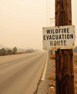 Wildfire evacuation route sign next to empty road in smoky environment  