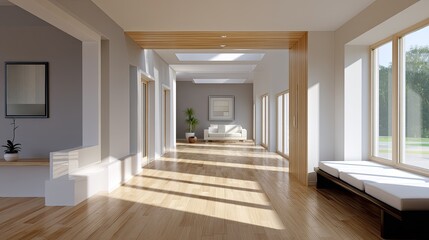 Fototapeta premium Bright and Spacious Interior Hallway with Wooden Floors and Large Windows Illuminating Modern Living Space