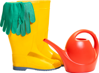 Yellow boots gloves and watering can on transparent background. Concept of gardening supplies with playful emotion, retail displays, product catalogues, DIY promo and seasonal visuals.