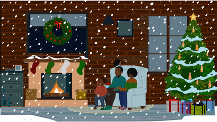 Family gathered by the fireplace with christmas tree and wreath during a snowy christmas celebration