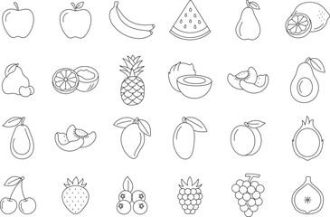 Handdrawn outline fruit icons set with apple, banana, watermelon, pear, and lemon