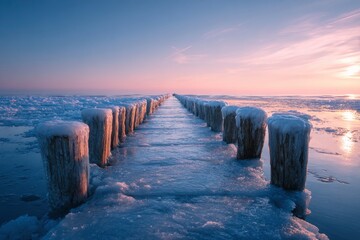 Wooden posts covered in ice recede into the distance towards the horizon at sunset.