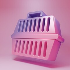 Purple-pink Pet carry case icon isolated on pink background. Carrier for animals, dog and cat. Container for animals. Animal transport box. Minimalism concept. 3D render illustration