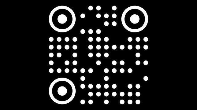 Random and meaningless QR-Code Pattern. Loops.
A high-contrast, abstract frame featuring a random, constantly shifting QR-code&ndash;like pattern composed of clean white dots and circular markers.