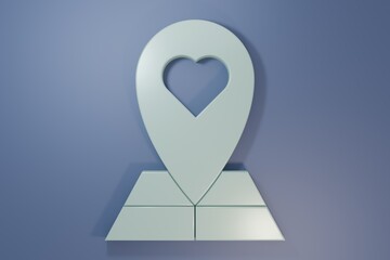 Grey Map pointer with heart icon isolated on purple-blue background. Valentines day. Love location. Romantic map pin. Minimalism concept. 3D render illustration