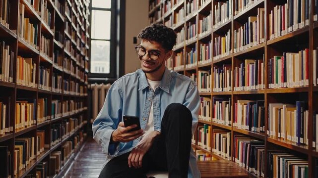Young man using smartphone in a cozy library surrounded by shelves of books