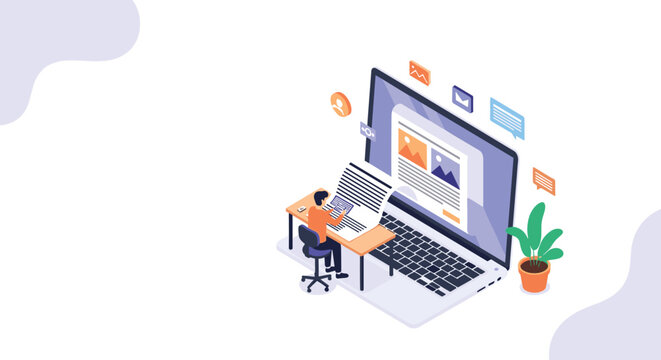 Isometric vector illustration of a content creator or blogger working on a laptop, designing a web page with text and images for digital marketing.