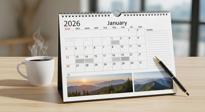 A 2026 calendar on a desk with a steaming cup of coffee and pen, displaying January with mountain landscapes, on a light wood surface in a blurred office background.