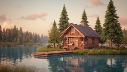 Fototapeta premium Tranquil Lakeside Cabin Surrounded by Lush Trees and Calm Water