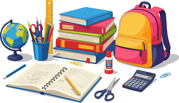 Create a Colorful school supplies and stationery organized on a desk, perfect for back-to-school themes vector art with white background..