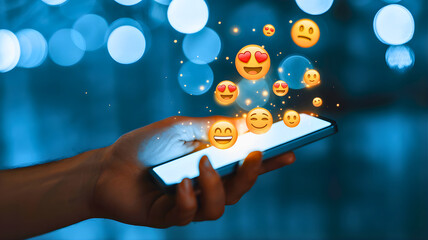 Hand holding a smartphone with various emojis popping out against a bokeh background, representing communication and social media