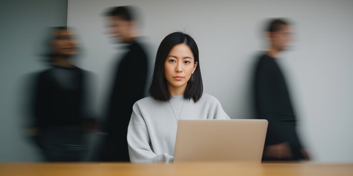 Focused asian female adult working on laptop amidst blurred motion background