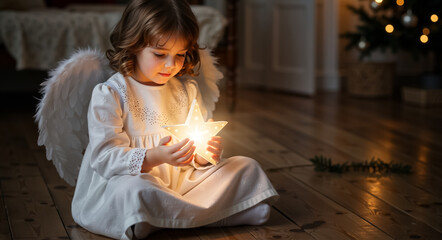 Fototapeta premium A little girl in an angel costume holds a glowing star lamp. Child celebrating Christmas in a cozy home setting. Winter holiday and new year magic concept