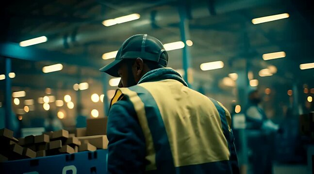 Cinematic shot of a warehouse worker in a high-visibility vest holding a package and turning around in a busy distribution center