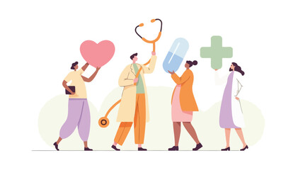 A vibrant vector illustration featuring a group of four diverse figures with one figure prominently holding a bright pink object set against a clean background