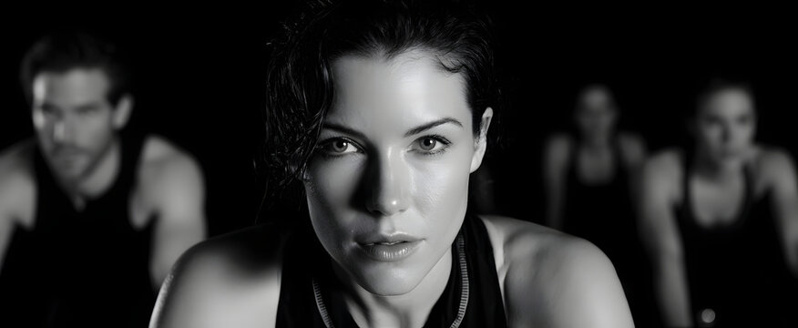 The intense indoor cycling class features focused and energetic participants in a dynamic setting - Powered by Adobe