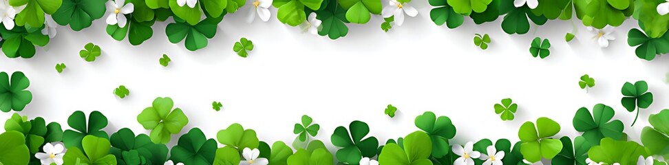 A delicate frame of vibrant green clovers and small white flowers on white
