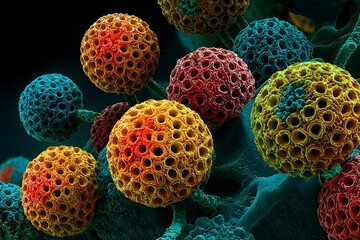 Colorful, porous spherical structures cluster together in a dark microscopic environment.