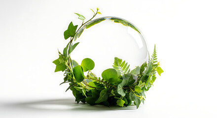 Glass sphere surrounded by fresh green foliage isolated on white background