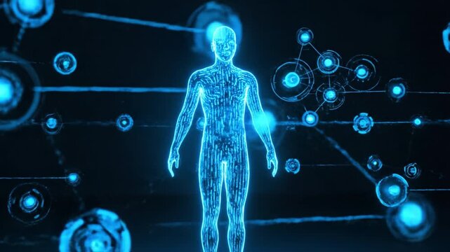 Digital human figure glowing with blue light and holographic data nodes in network, symbolizing advanced artificial technology and interactive virtual communication in futuristic environment