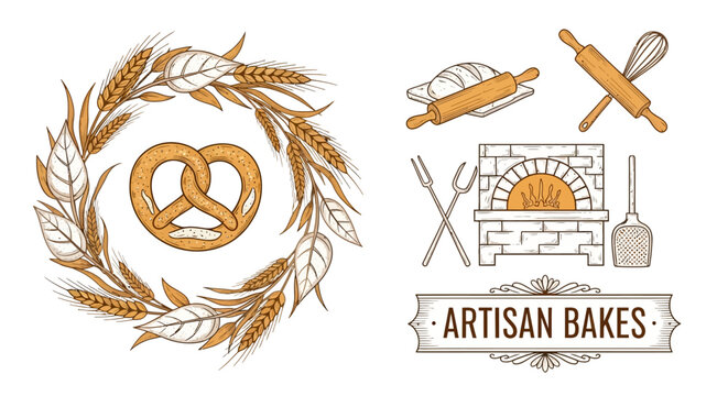 Rustic bakery vector elements with wheat wreath, bread oven, and kitchen tools for artisan food branding