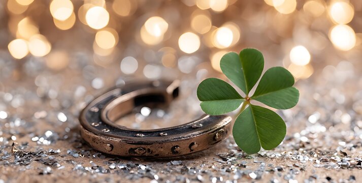 A lucky four leaf clover rests beside an antique horseshoe on glitter