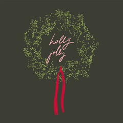 Hand drawn sketch elegant delicate line art Christmas wreath