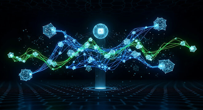 Abstract digital data flow visualization with glowing particles - Powered by Adobe