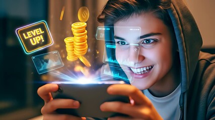 Excited young man playing mobile game with holographic level up sign and gold coins projecting from smartphone - Powered by Adobe