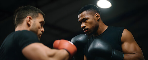 Two focused mixed martial artists sparring intensely inside a brightly lit training gym