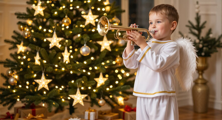 A little boy in an angel costume plays a trumpet in front of a Christmas tree. Child celebrating the festive holiday season. Winter celebration and childhood innocence