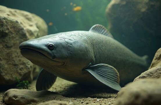 Close up of a lungfish resting on sandy bottom in an aquarium. This prehistoric fish has lobe fins and large scales. It lives in freshwater habitats and is native to Australia.
