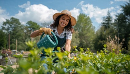 Woman in Garden Watering Plants under Bright Blue Sky