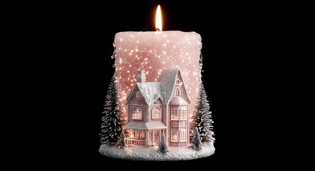 A winter scene depicted within a glowing frosted candle s warm light